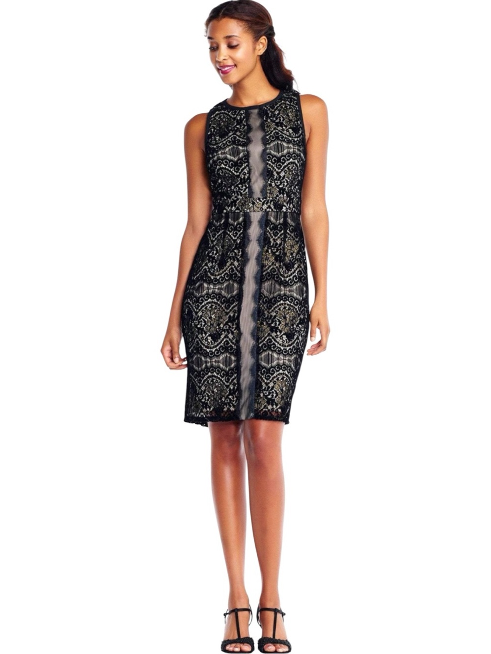 Adrianna Papell Black Lace Sleeveless Illusion Sheath Dress Size 10
